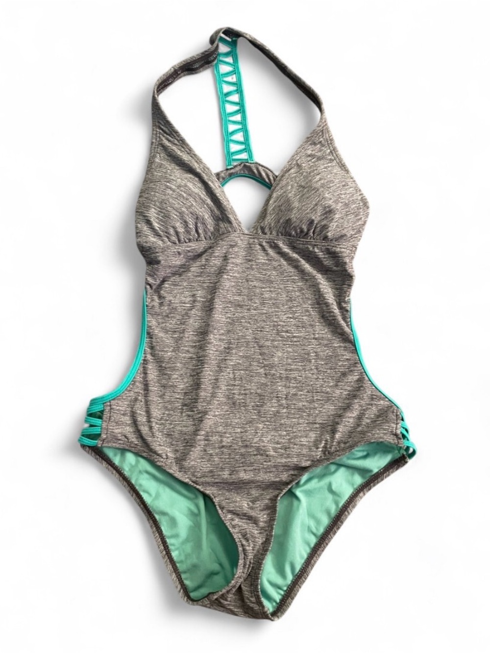 NWT Athleta Zahara Grey and Teal One Piece Swimsuit Womens Size Medium